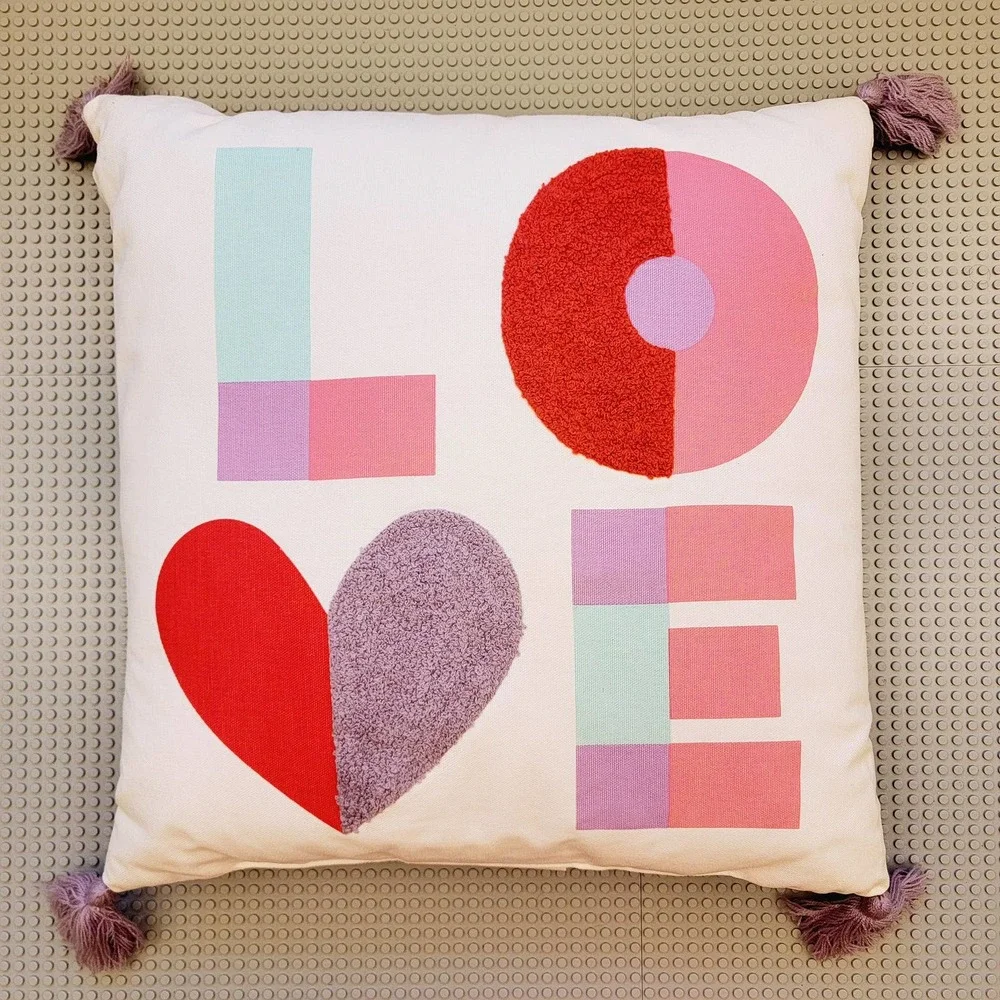 Spritz LOVE Valentine Throw Pillow Decor Tassels Square Patchwork Cottagecore